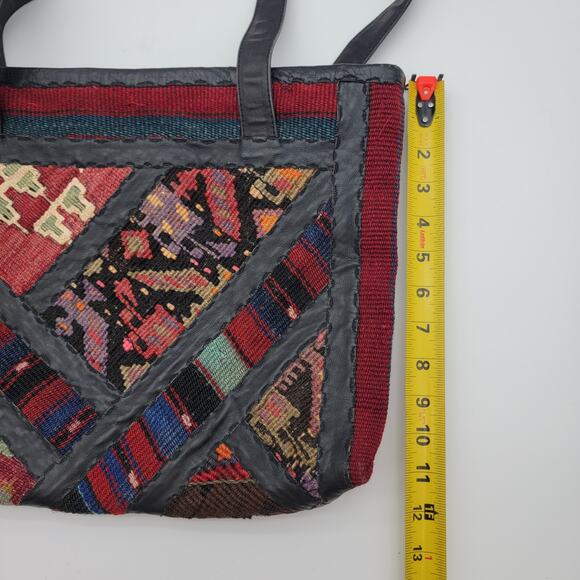 70s Vintage Boho Leather and Wool Carpet Bag Tote - Picture 10 of 10